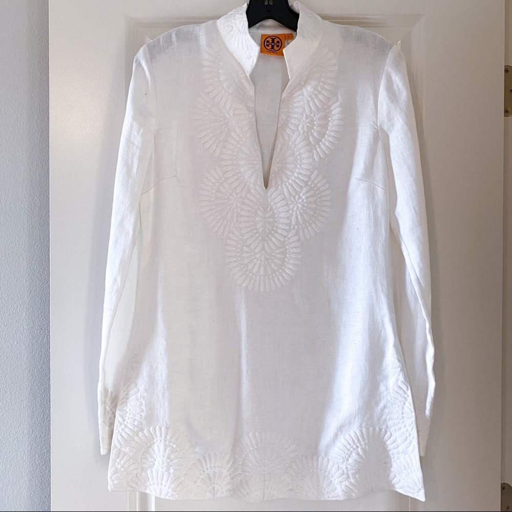 Tory Burch Embroidered Linen Tunic Top